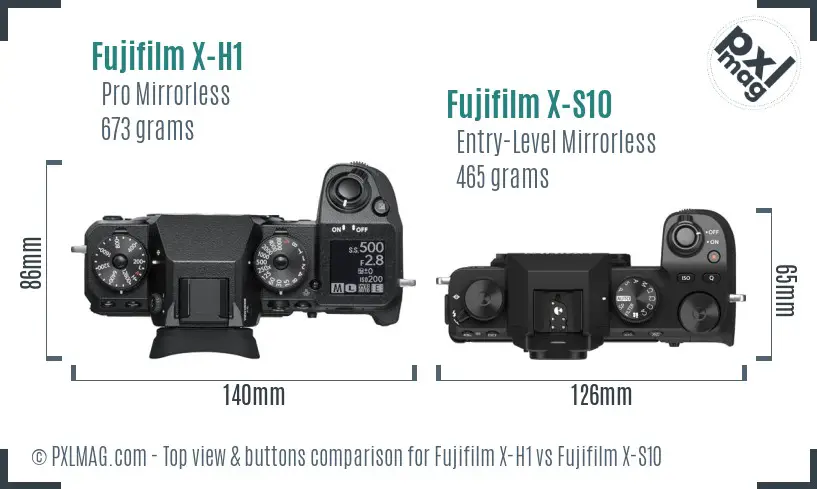 Fujifilm X-H1 vs Fujifilm X-S10 top view buttons comparison
