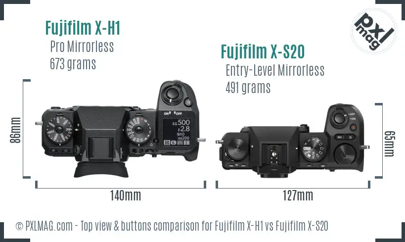 Fujifilm X-H1 vs Fujifilm X-S20 top view buttons comparison