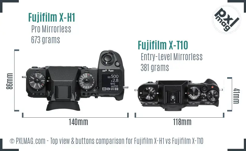 Fujifilm X-H1 vs Fujifilm X-T10 top view buttons comparison