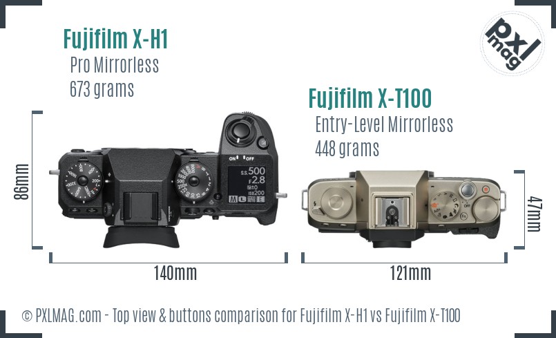 Fujifilm X-H1 vs Fujifilm X-T100 top view buttons comparison