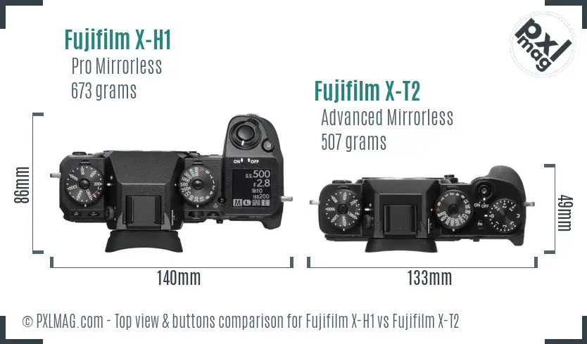 Fujifilm X-H1 vs Fujifilm X-T2 top view buttons comparison
