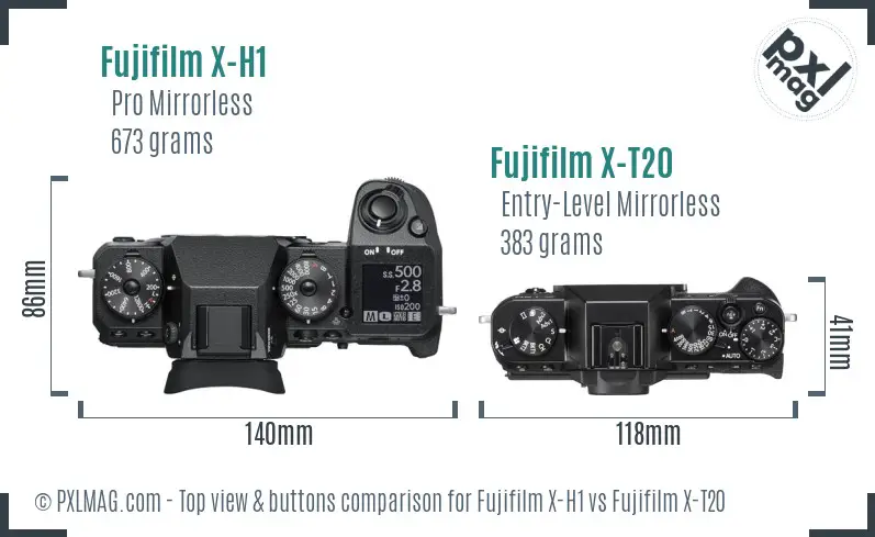 Fujifilm X-H1 vs Fujifilm X-T20 top view buttons comparison