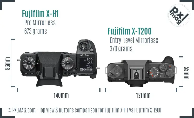 Fujifilm X-H1 vs Fujifilm X-T200 top view buttons comparison