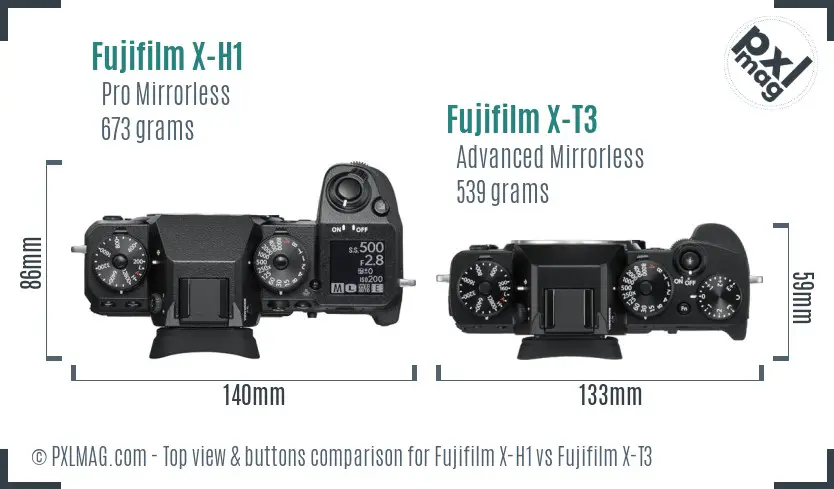Fujifilm X-H1 vs Fujifilm X-T3 top view buttons comparison