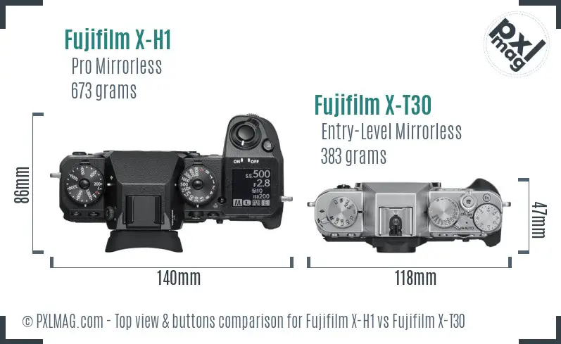 Fujifilm X-H1 vs Fujifilm X-T30 top view buttons comparison