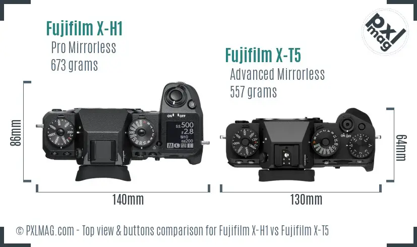 Fujifilm X-H1 vs Fujifilm X-T5 top view buttons comparison