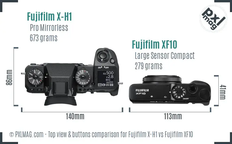 Fujifilm X-H1 vs Fujifilm XF10 top view buttons comparison