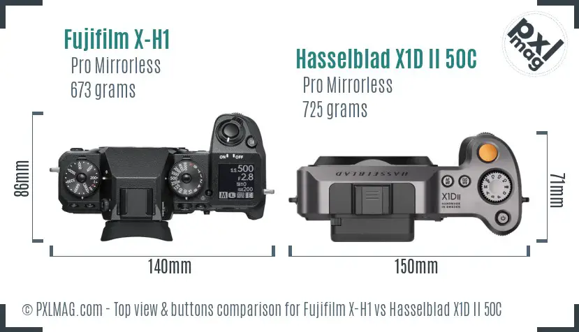 Fujifilm X-H1 vs Hasselblad X1D II 50C top view buttons comparison