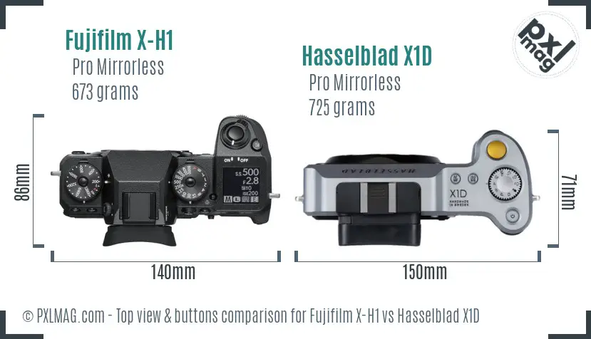 Fujifilm X-H1 vs Hasselblad X1D top view buttons comparison