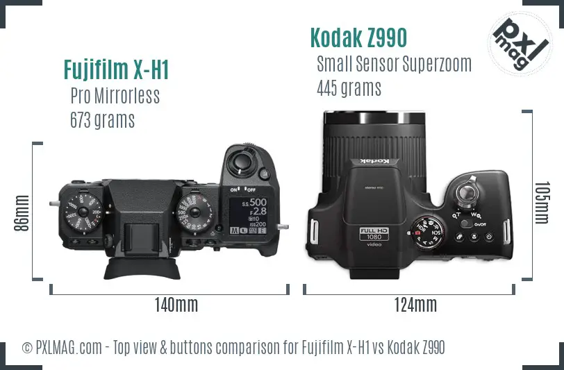 Fujifilm X-H1 vs Kodak Z990 top view buttons comparison