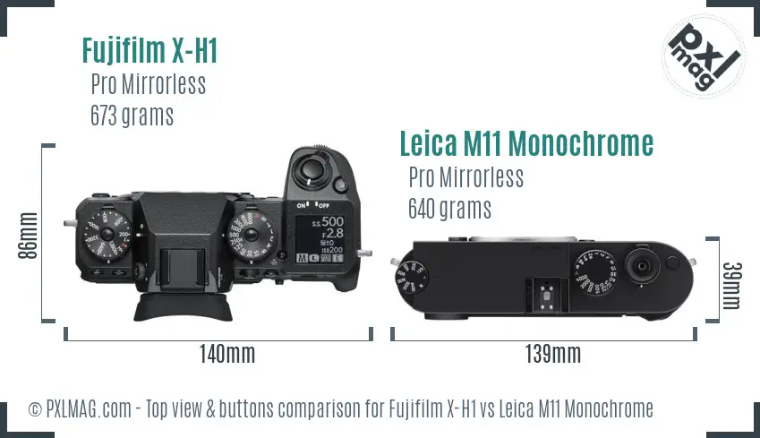Fujifilm X-H1 vs Leica M11 Monochrome top view buttons comparison