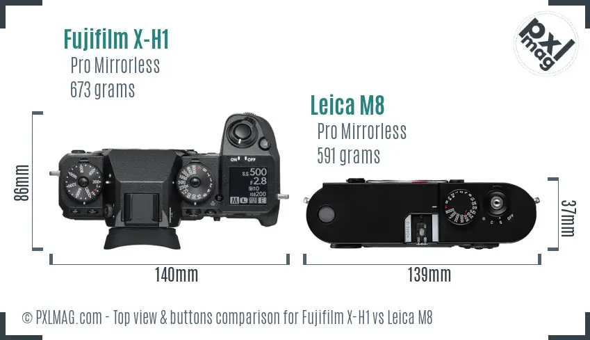 Fujifilm X-H1 vs Leica M8 top view buttons comparison