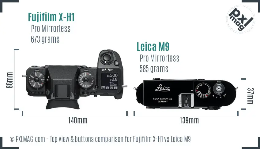 Fujifilm X-H1 vs Leica M9 top view buttons comparison