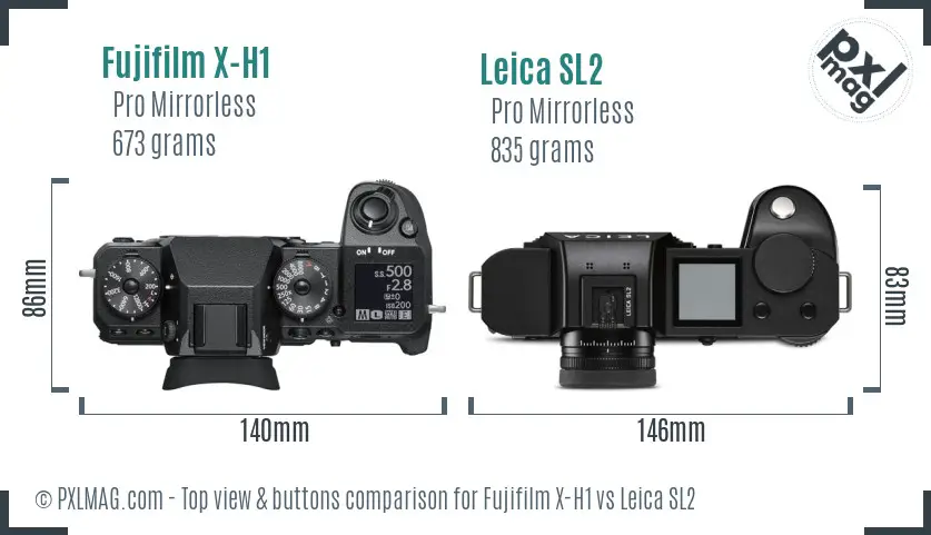 Fujifilm X-H1 vs Leica SL2 top view buttons comparison