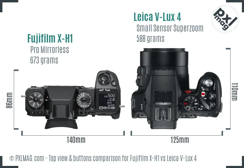 Fujifilm X-H1 vs Leica V-Lux 4 top view buttons comparison