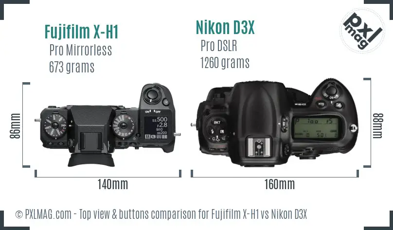 Fujifilm X-H1 vs Nikon D3X top view buttons comparison Fujifilm X-H1 vs Nikon D3X top view buttons comparison