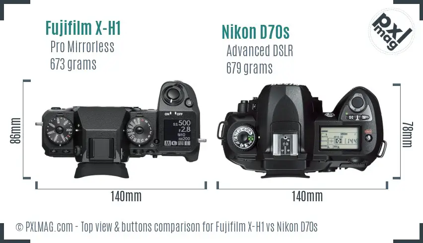 Fujifilm X-H1 vs Nikon D70s top view buttons comparison