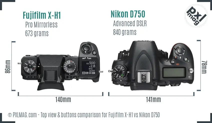 Fujifilm X-H1 vs Nikon D750 top view buttons comparison Fujifilm X-H1 vs Nikon D750 top view buttons comparison