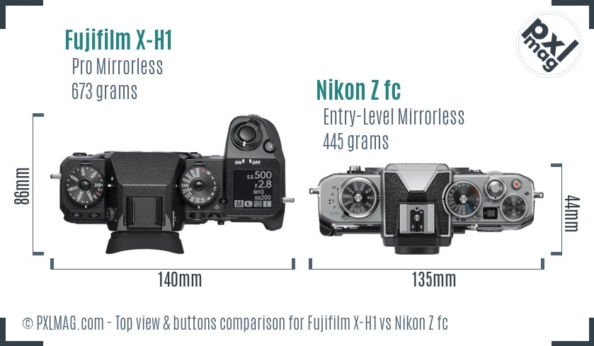 Fujifilm X-H1 vs Nikon Z fc top view buttons comparison
