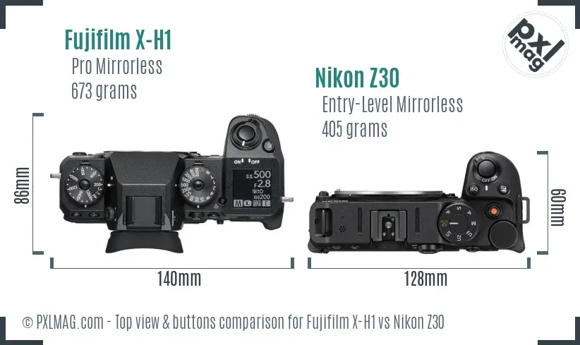 Fujifilm X-H1 vs Nikon Z30 top view buttons comparison