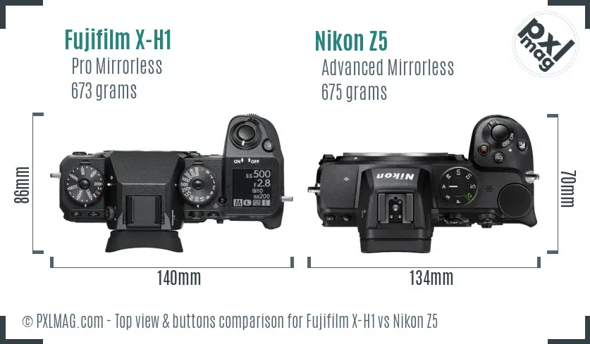 Fujifilm X-H1 vs Nikon Z5 top view buttons comparison