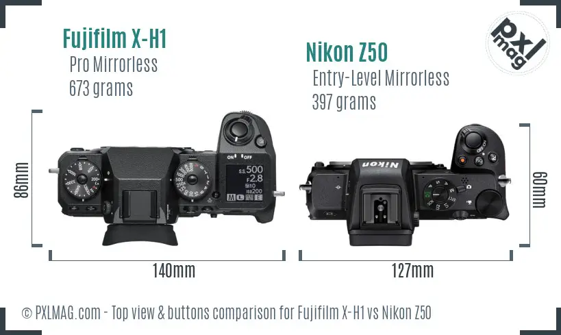 Fujifilm X-H1 vs Nikon Z50 top view buttons comparison