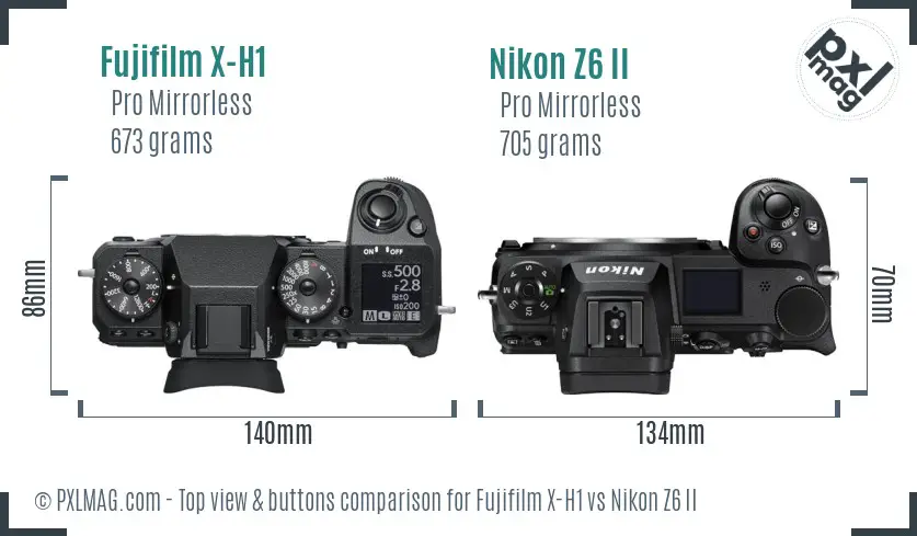 Fujifilm X-H1 vs Nikon Z6 II top view buttons comparison