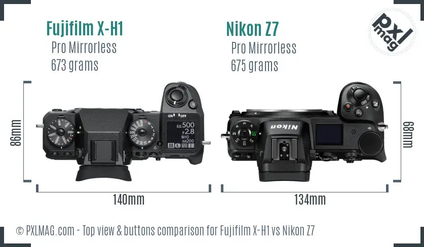 Fujifilm X-H1 vs Nikon Z7 top view buttons comparison