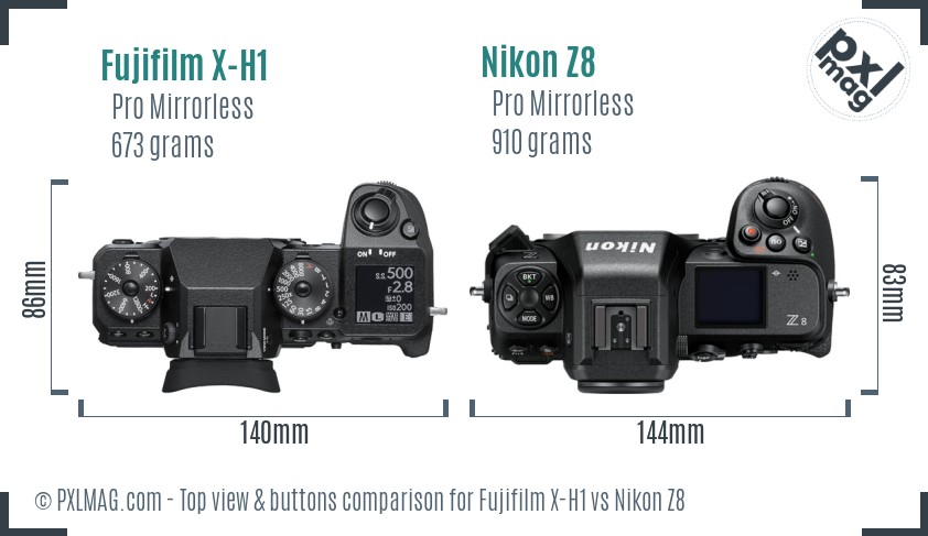 Fujifilm X-H1 vs Nikon Z8 top view buttons comparison