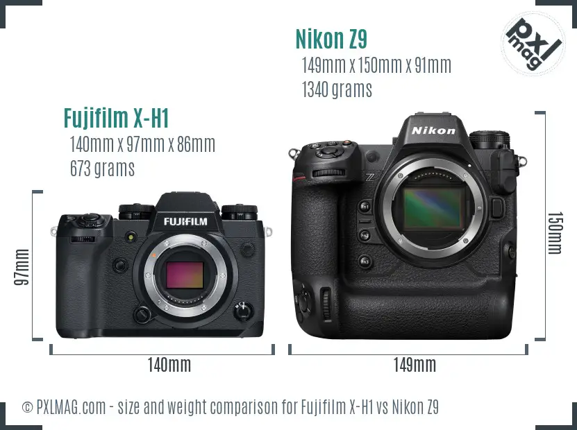 Fujifilm X-H1 vs Nikon Z9 size comparison