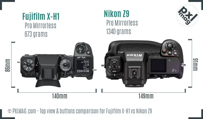 Fujifilm X-H1 vs Nikon Z9 top view buttons comparison