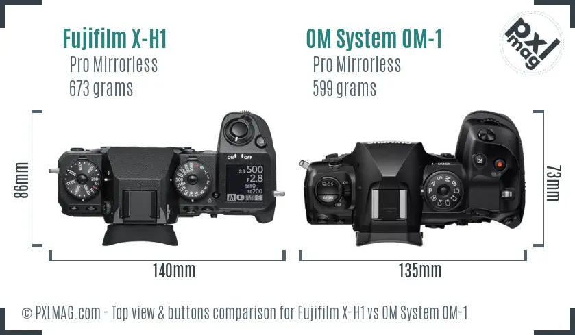 Fujifilm X-H1 vs OM System OM-1 top view buttons comparison