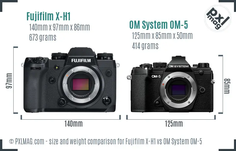 Fujifilm X-H1 vs OM System OM-5 size comparison