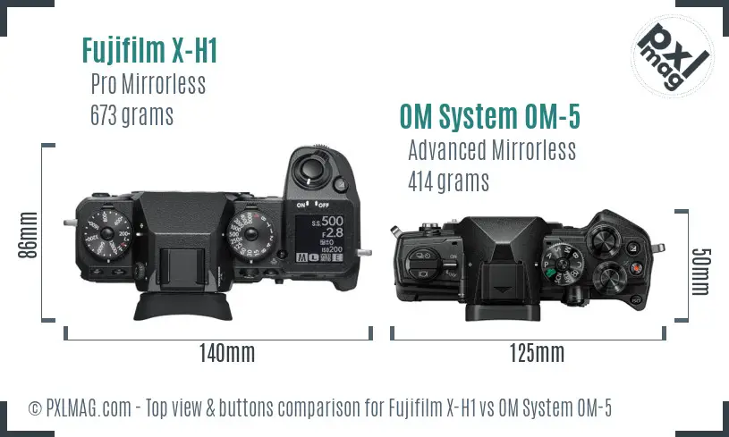 Fujifilm X-H1 vs OM System OM-5 top view buttons comparison