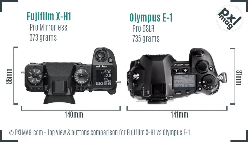 Fujifilm X-H1 vs Olympus E-1 top view buttons comparison