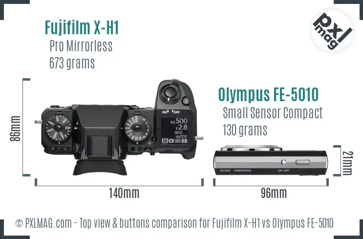 Fujifilm X-H1 vs Olympus FE-5010 top view buttons comparison