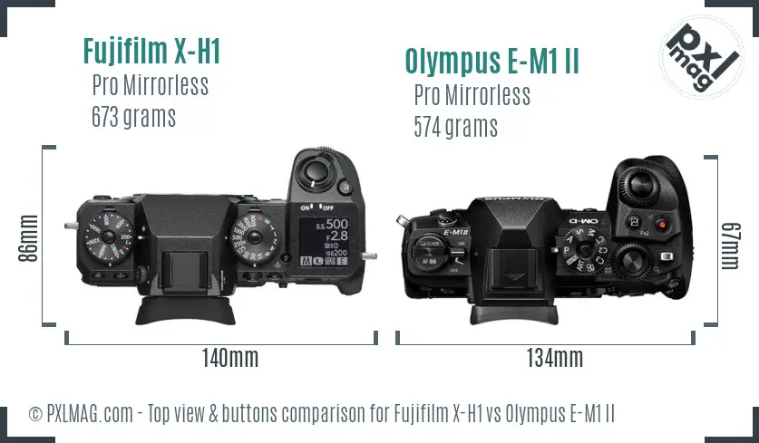 Fujifilm X-H1 vs Olympus E-M1 II top view buttons comparison Fujifilm X-H1 vs Olympus E-M1 II top view buttons comparison
