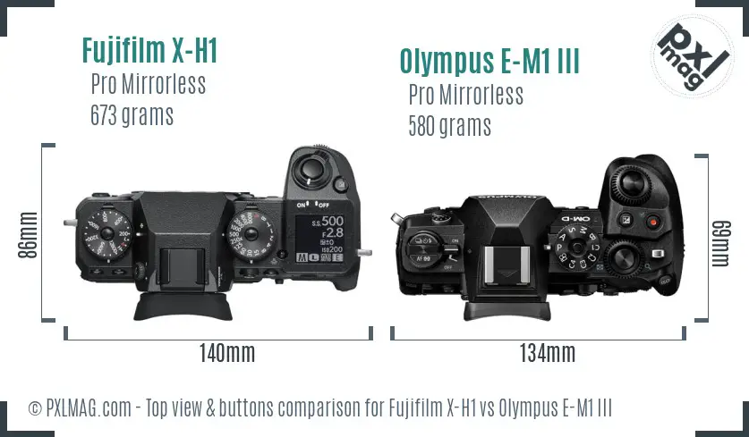 Fujifilm X-H1 vs Olympus E-M1 III top view buttons comparison