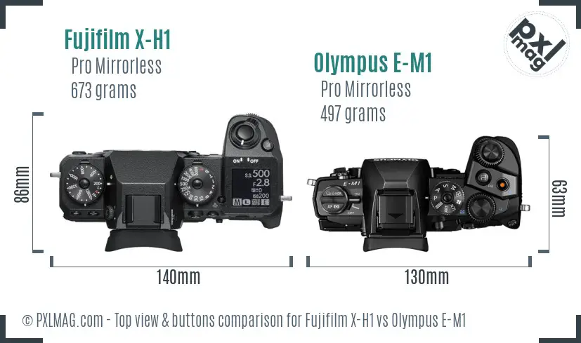 Fujifilm X-H1 vs Olympus E-M1 top view buttons comparison