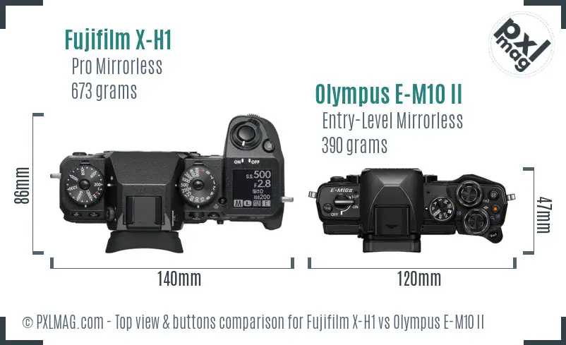 Fujifilm X-H1 vs Olympus E-M10 II top view buttons comparison