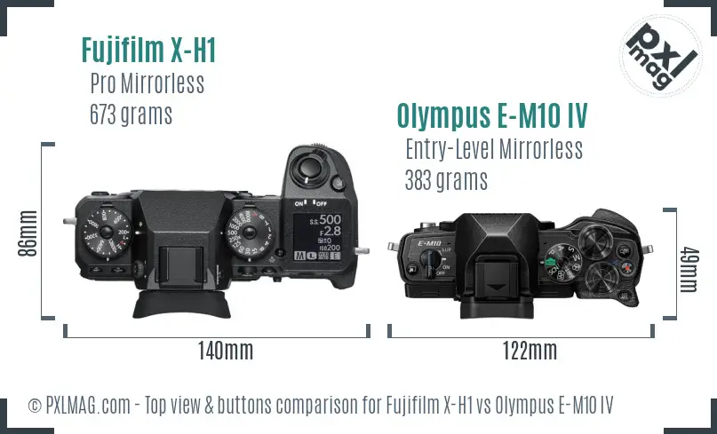 Fujifilm X-H1 vs Olympus E-M10 IV top view buttons comparison Fujifilm X-H1 vs Olympus E-M10 IV top view buttons comparison
