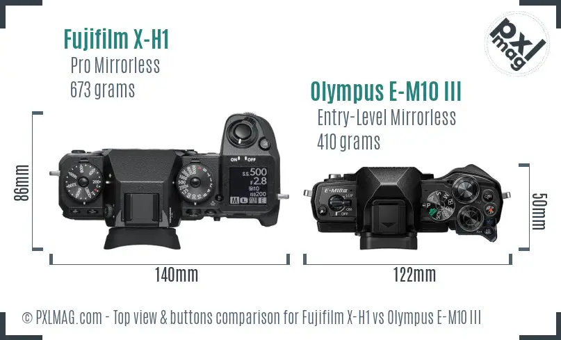 Fujifilm X-H1 vs Olympus E-M10 III top view buttons comparison
