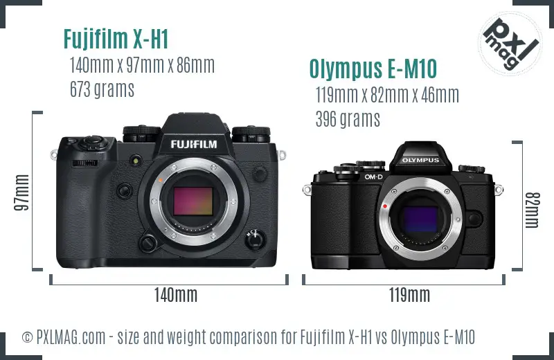 Fujifilm X-H1 vs Olympus E-M10 size comparison