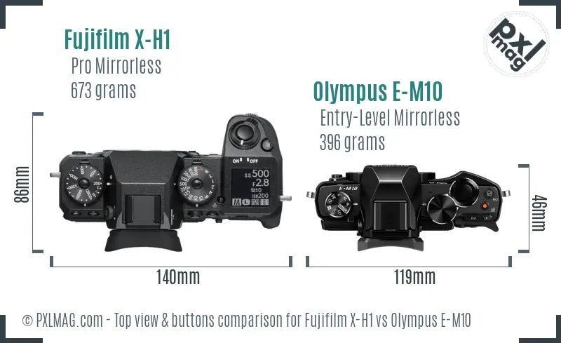 Fujifilm X-H1 vs Olympus E-M10 top view buttons comparison