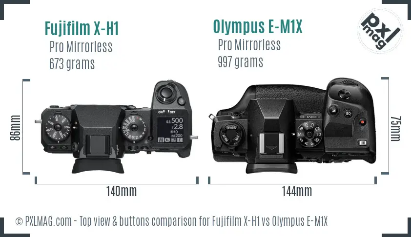 Fujifilm X-H1 vs Olympus E-M1X top view buttons comparison