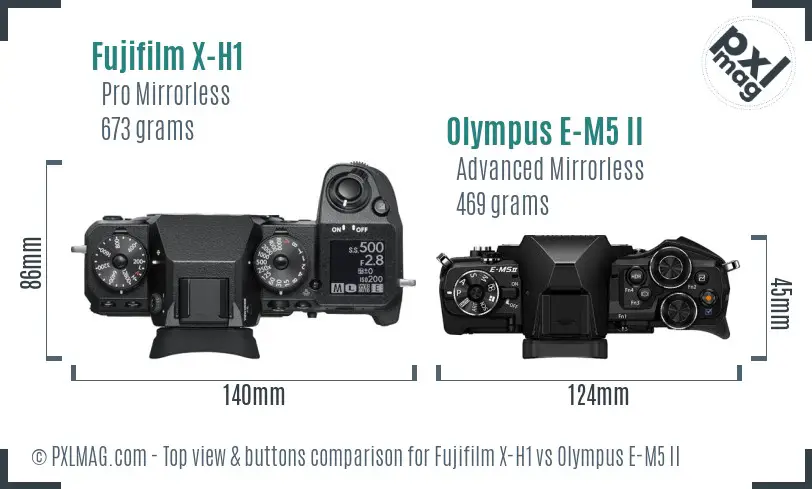 Fujifilm X-H1 vs Olympus E-M5 II top view buttons comparison