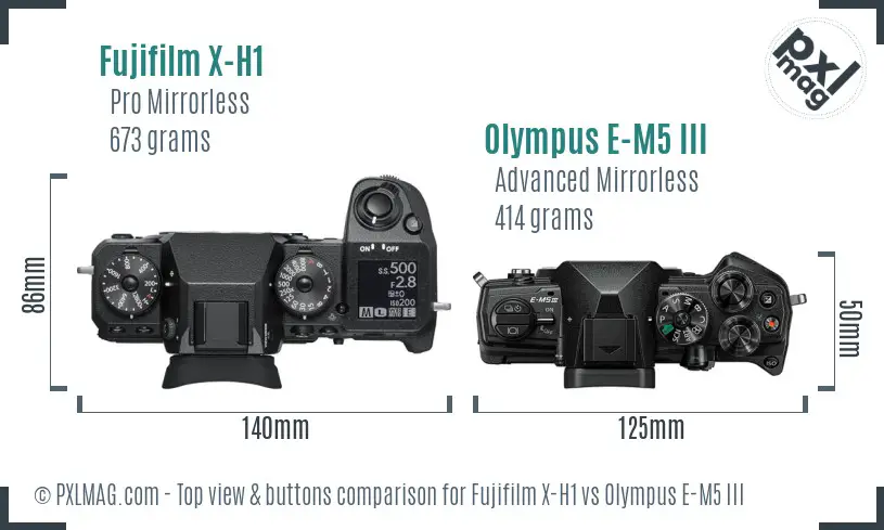 Fujifilm X-H1 vs Olympus E-M5 III top view buttons comparison