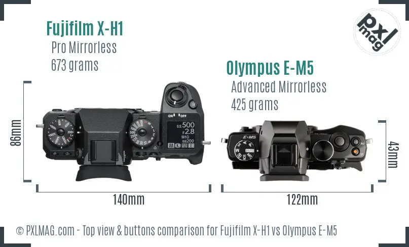 Fujifilm X-H1 vs Olympus E-M5 top view buttons comparison