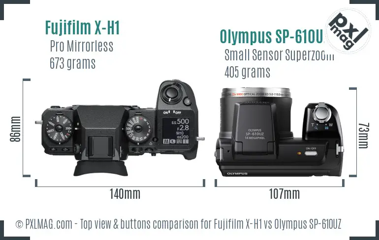 Fujifilm X-H1 vs Olympus SP-610UZ top view buttons comparison