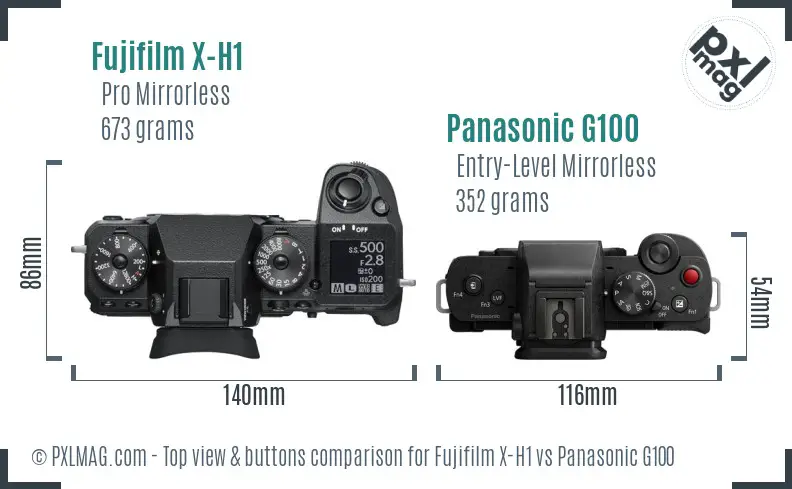 Fujifilm X-H1 vs Panasonic G100 top view buttons comparison